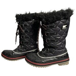 SOREL Tofino Cate Black Quilted‎ Waterproof Snow Boots Sz 8 Winter Fur Trim